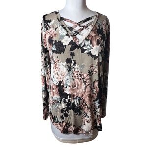 Sew In Love Womens Floral Lattice V-Neck Long Sleeve Top Taupe Black small/med